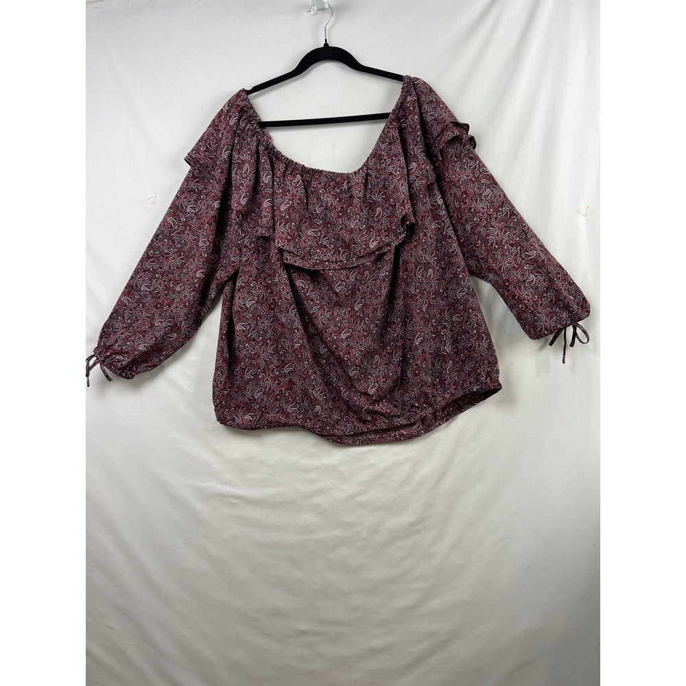 Michael Kors Peasant Top Womens 3X Burgundy Paisley Ruffle Off Shoulder Blouse